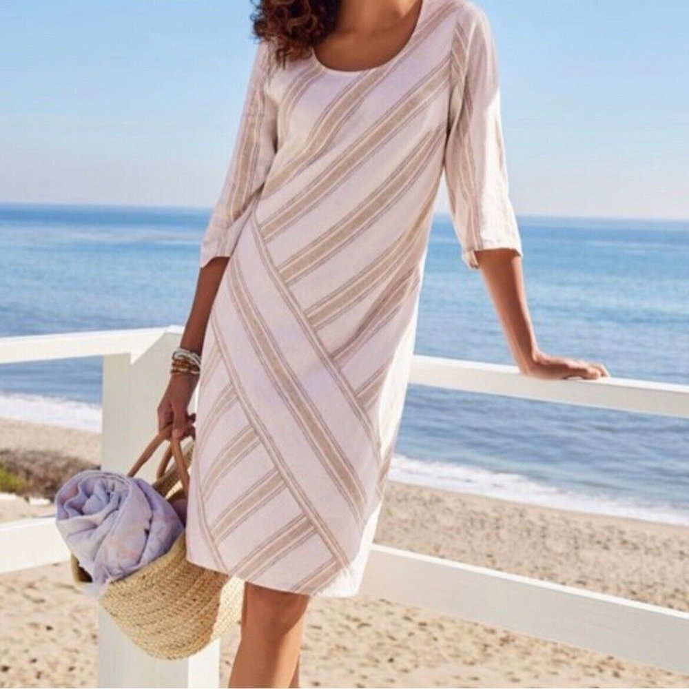 Soft Surroundings Womens XL Equinox Striped Linen Dress Knee Length Lagenlook